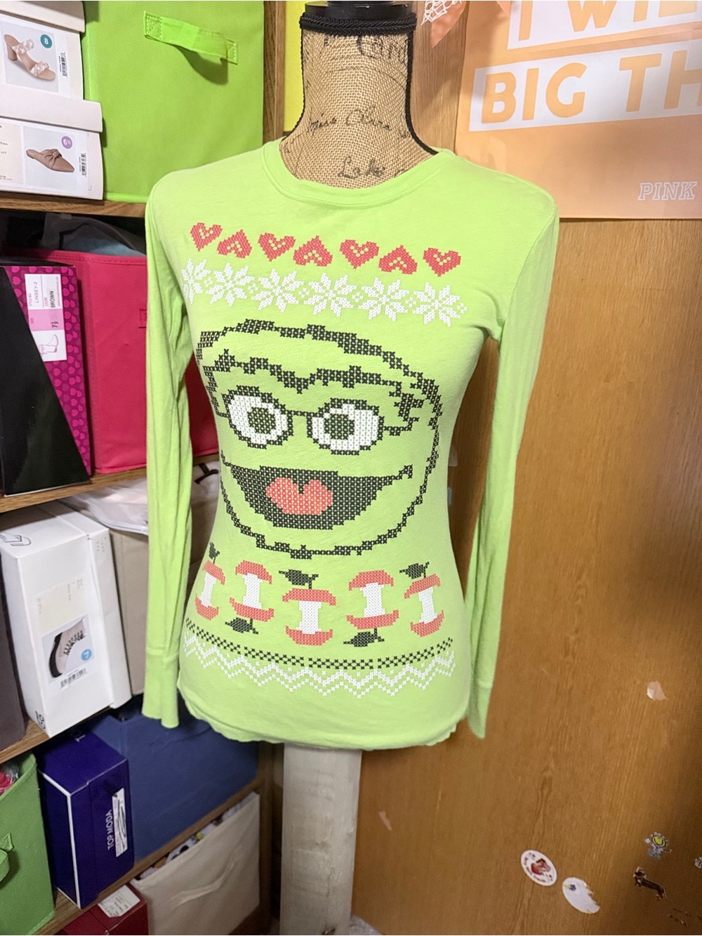 Sesame Street Neon Lime Green Crewneck Sweater with Pink and White Accents